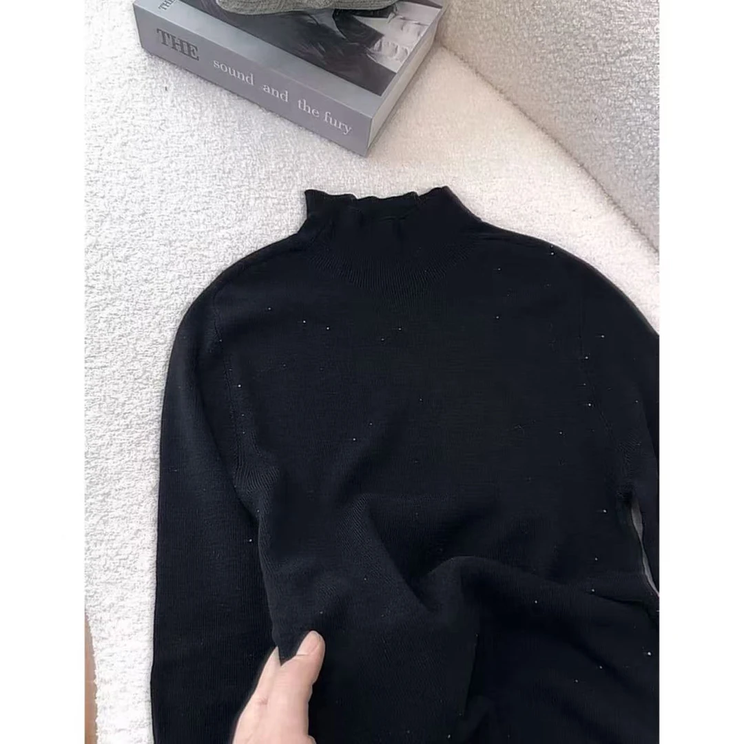 丽丽家~高奢木耳领黑亮片时尚百搭半高领纯色上衣340