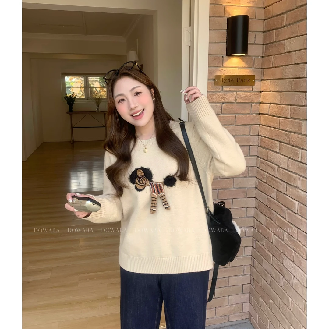 现货6677D大婉酱肉肉微胖定制韩系宽松休闲风针织长袖毛衣6677D