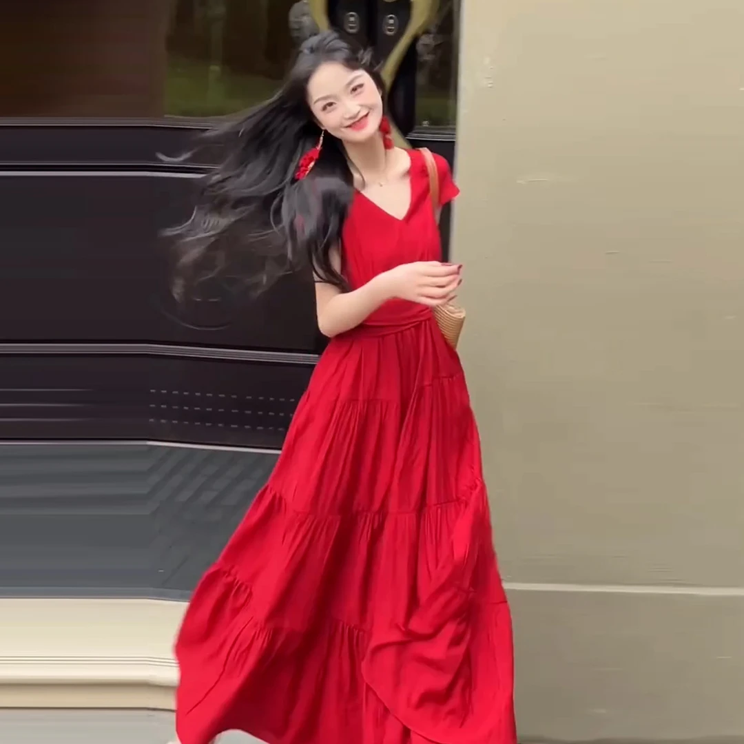 法式气质红色连衣裙子女装夏季2025新款夏日御姐独特绝美掐腰长裙