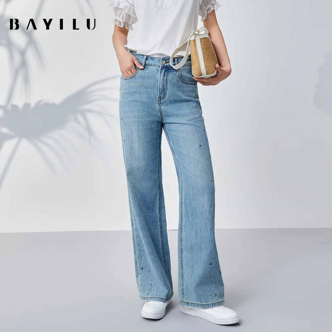 【毛毛专属】芭依璐夏季牛仔裤钉珠直筒裤子90K2023(颜色不同面料)