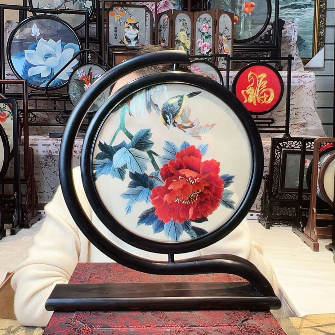 织绣苏绣摆台檀木手工双面