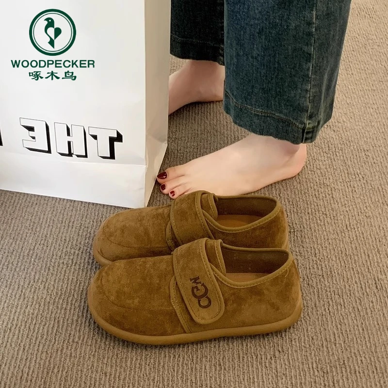 啄木鸟法式平底勃肯鞋女2025新款春季丑萌魔术贴乐福鞋复古豆豆鞋