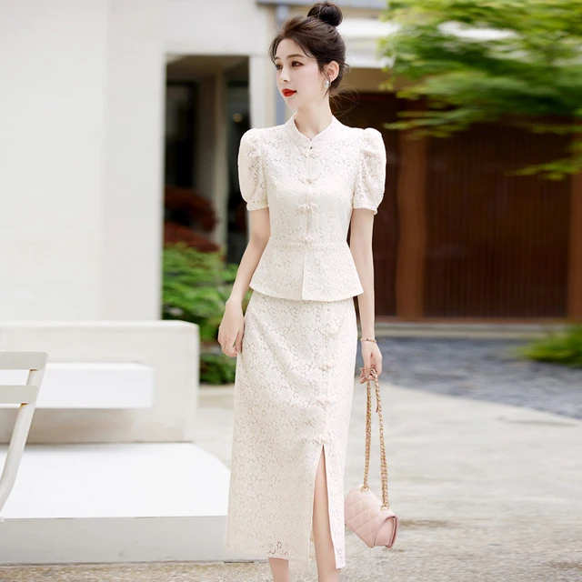 新中式改良旗袍连衣裙女两件套2025夏季新款气质法式蕾丝套装裙子