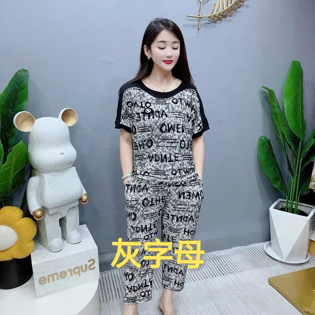 女士夏季宽松薄款半袖家居服套装圆领可外穿（上衣+裤子）8055款