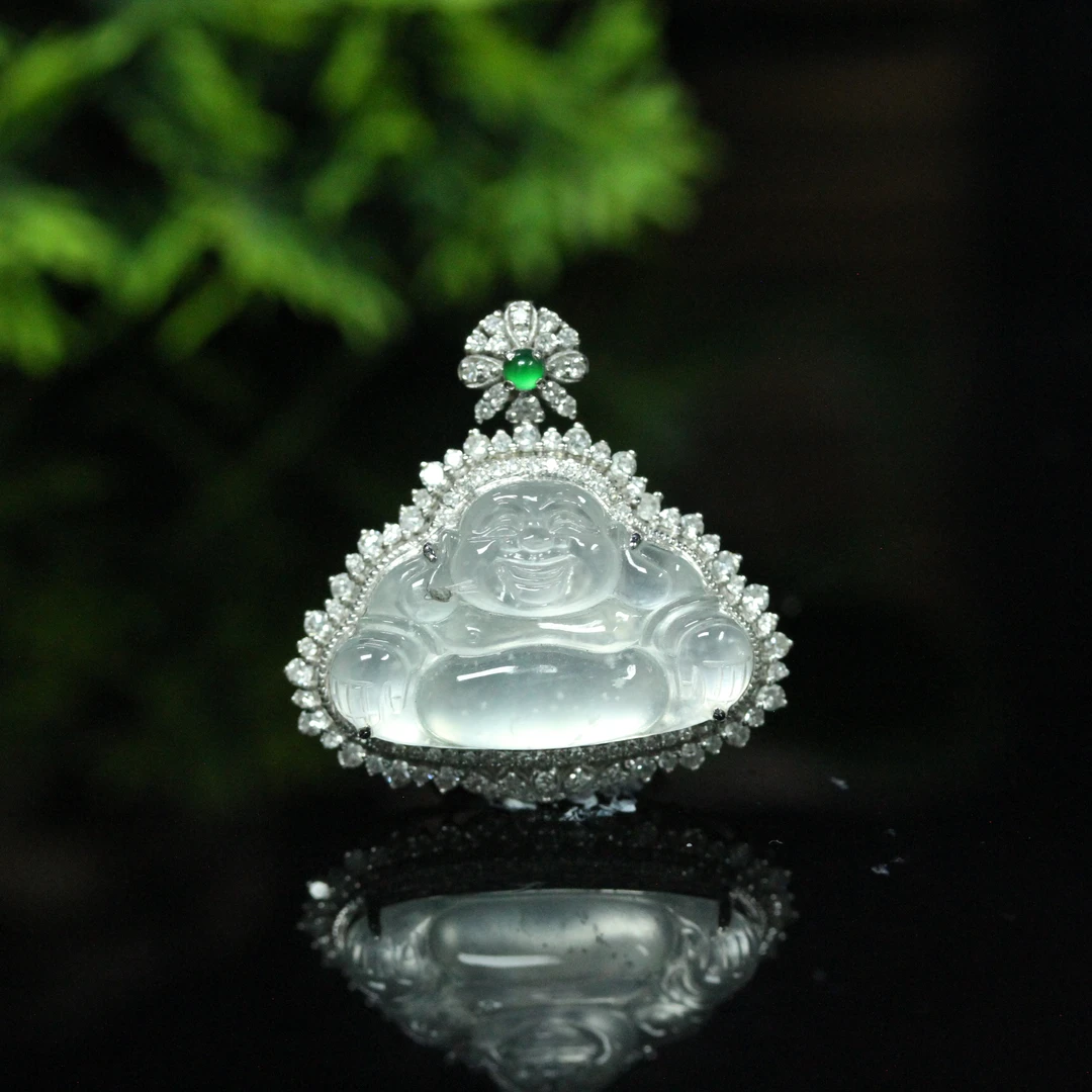 天然缅甸翡翠A货18K白金镶冰胶笑纳百福佛公吊坠/01027149/拍卖