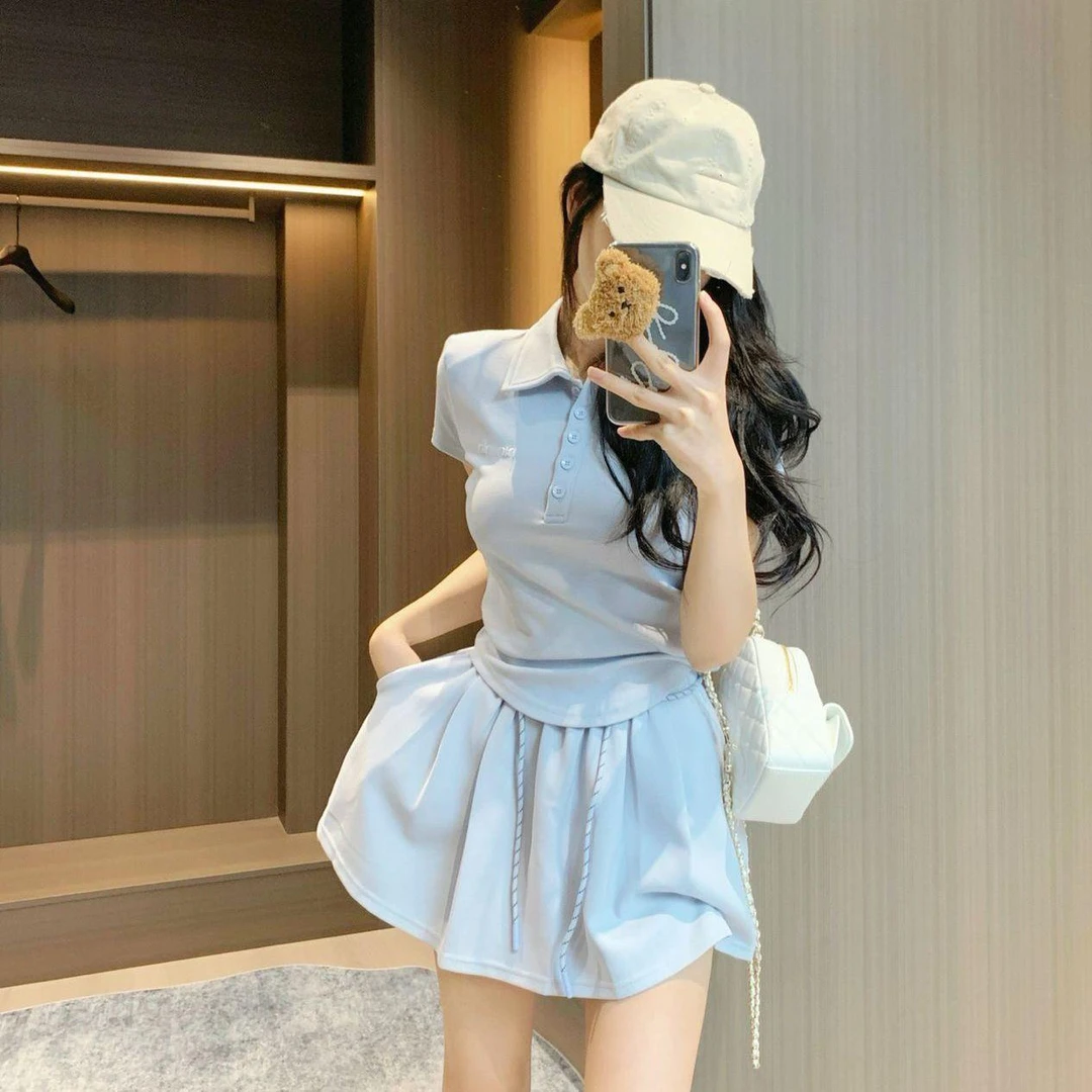 设计感时尚套装裙女2025夏季新款高腰休闲运动半身短裙两件套装潮