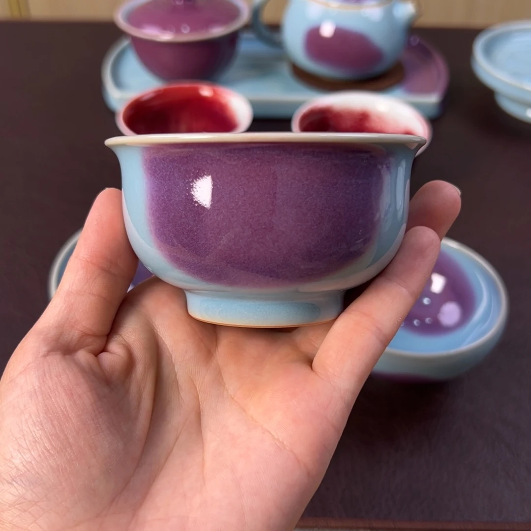 杯藏品 宋钧炉式杯 天蓝釉紫斑 无纹不开片