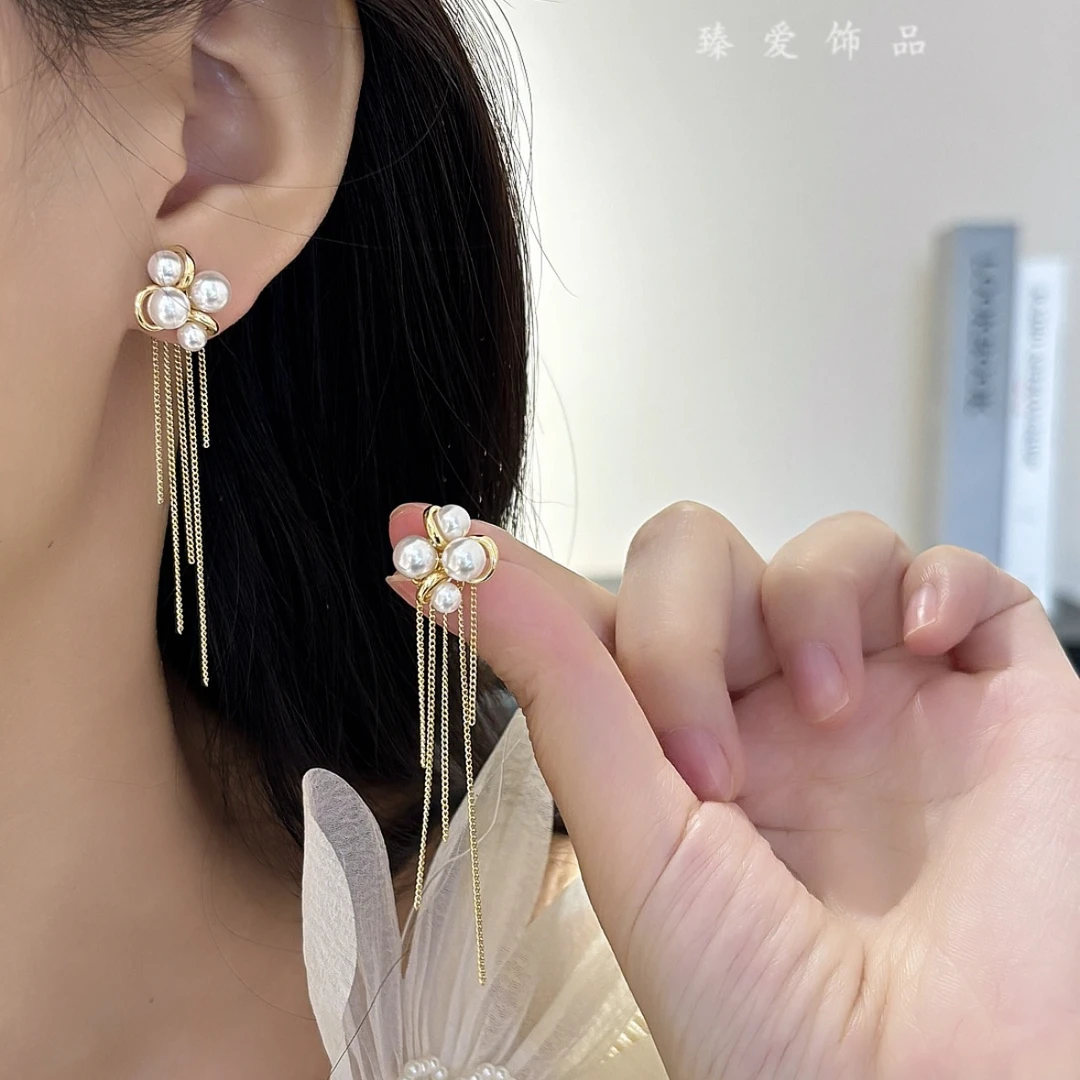 铜合金仿珍珠耳饰 珠珠花朵一款两戴流苏耳环气质超仙精致优雅
