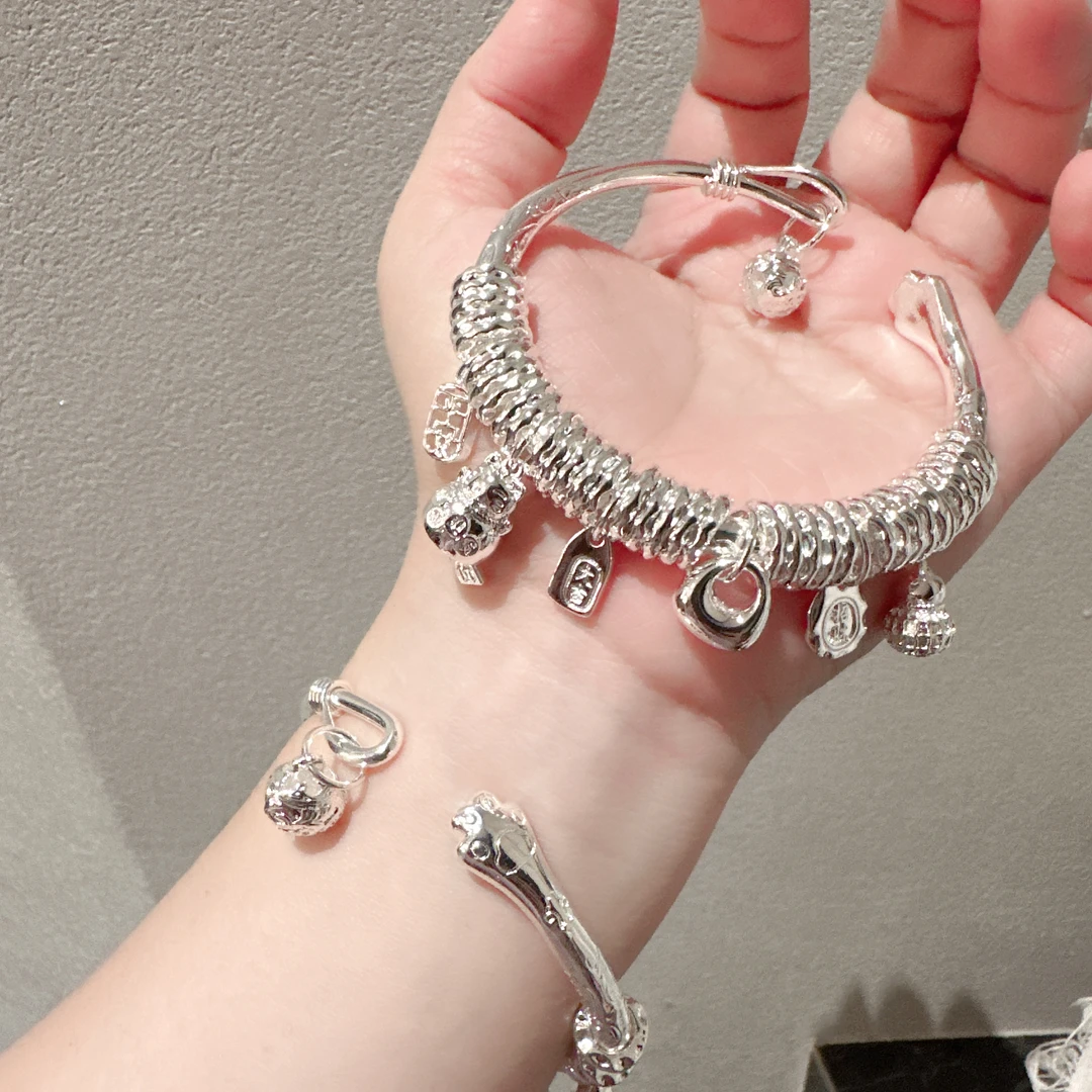 足银手镯 A38新款吉言盘缠手镯猫爪带吊坠高级感设计手工镯时尚