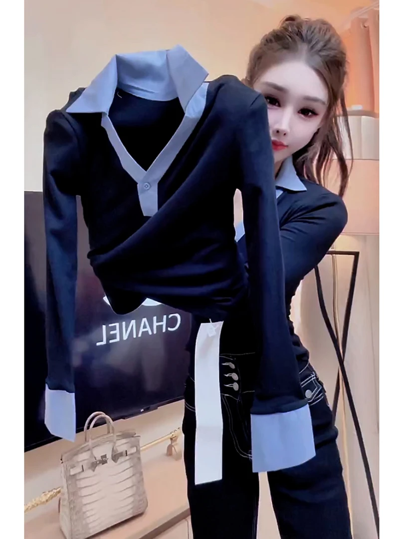 2025秋季巨好看小个子独特漂亮上衣轻熟小众不撞款蓝色长袖T恤女