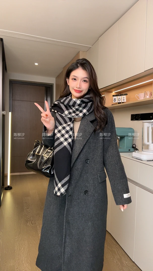 【陈柳汐家】「松本可可」秋季韩版宽松羊毛大衣长款加棉加厚保暖966