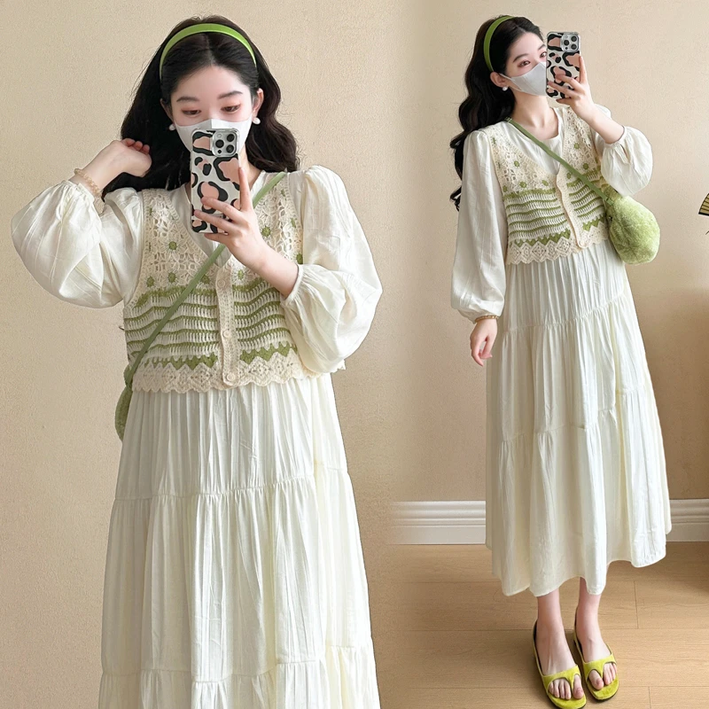 孕妇装2025秋季新款韩版时尚清新钩花马甲显瘦连衣裙减龄两件套装