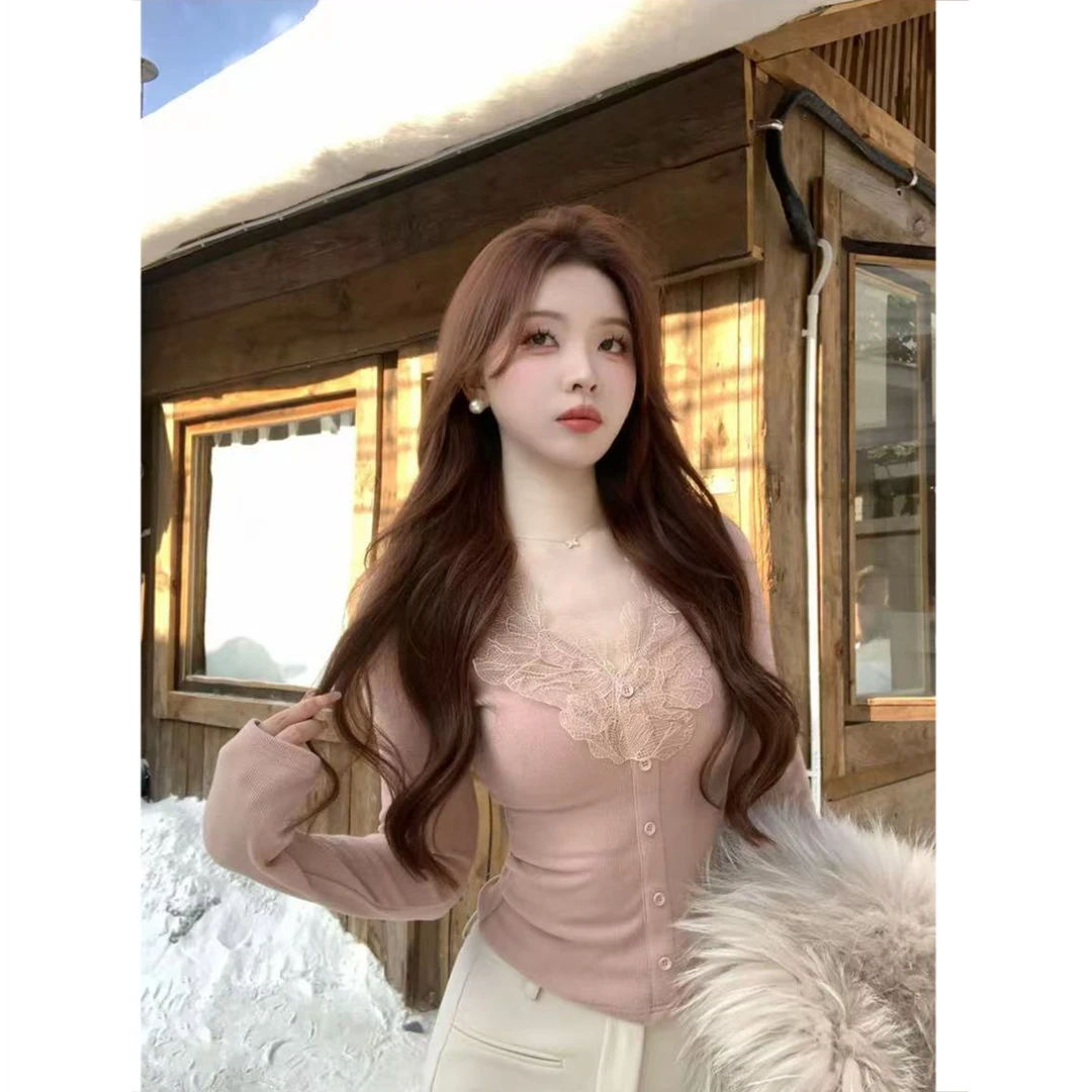 秋冬新款高级感蕾丝拼接双面磨毛T恤打底衫 Q 9879#