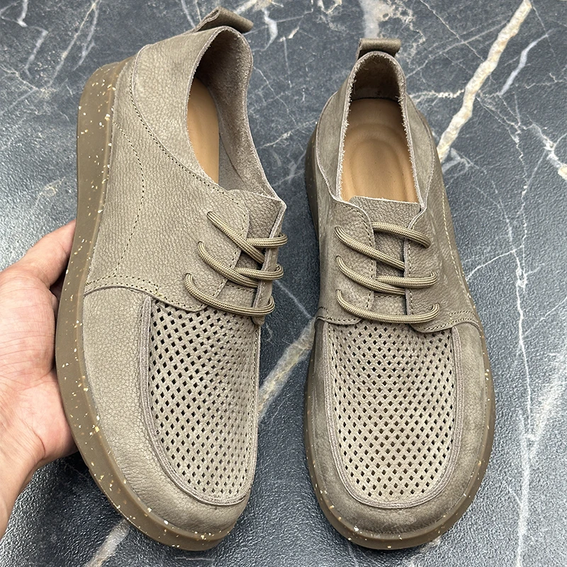真皮男鞋透气夏季薄款镂空磨砂皮潮流男款男士休闲鞋单层牛皮皮鞋