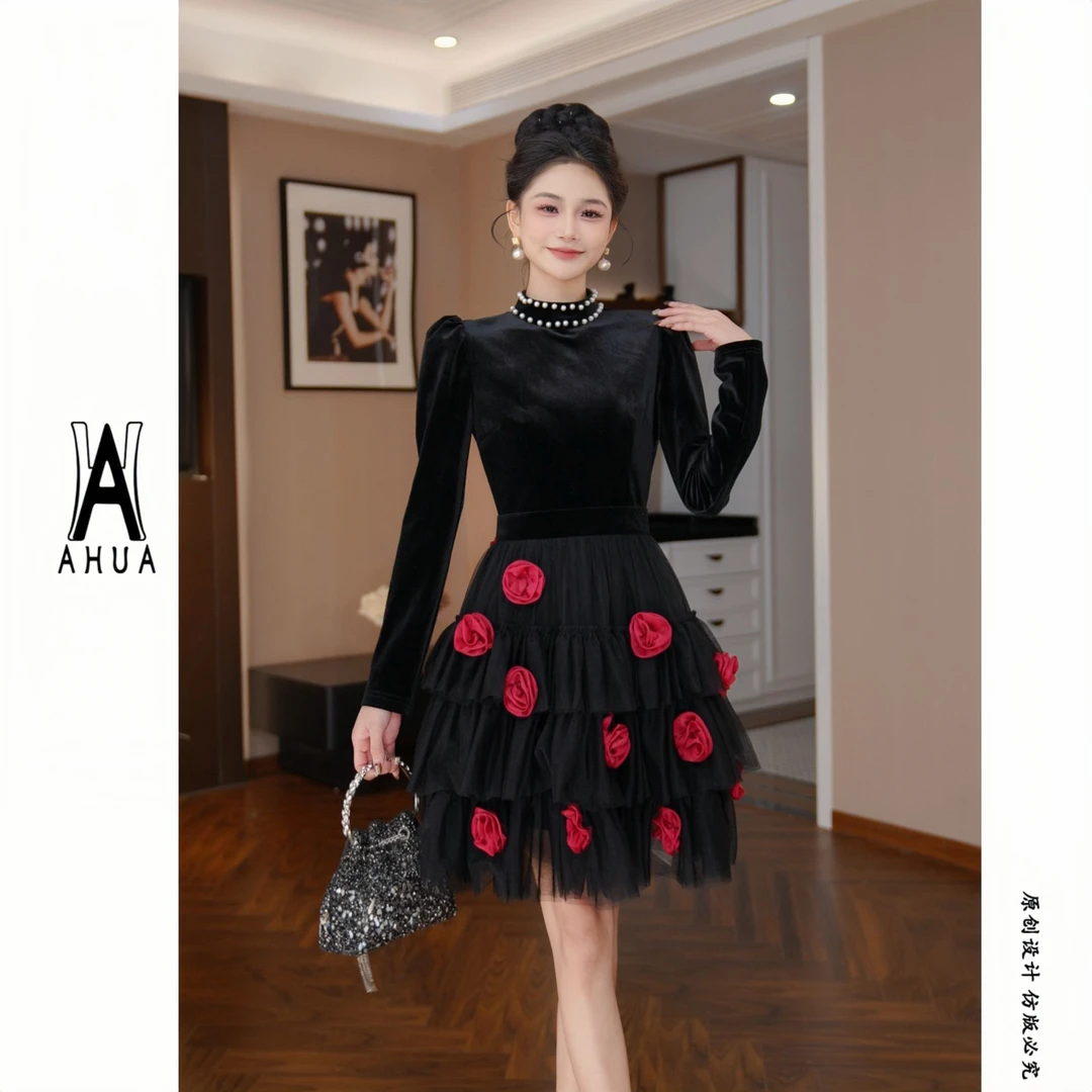 【花花原创】小众设计师高腰名媛气质黑色显瘦秋冬连衣裙48051