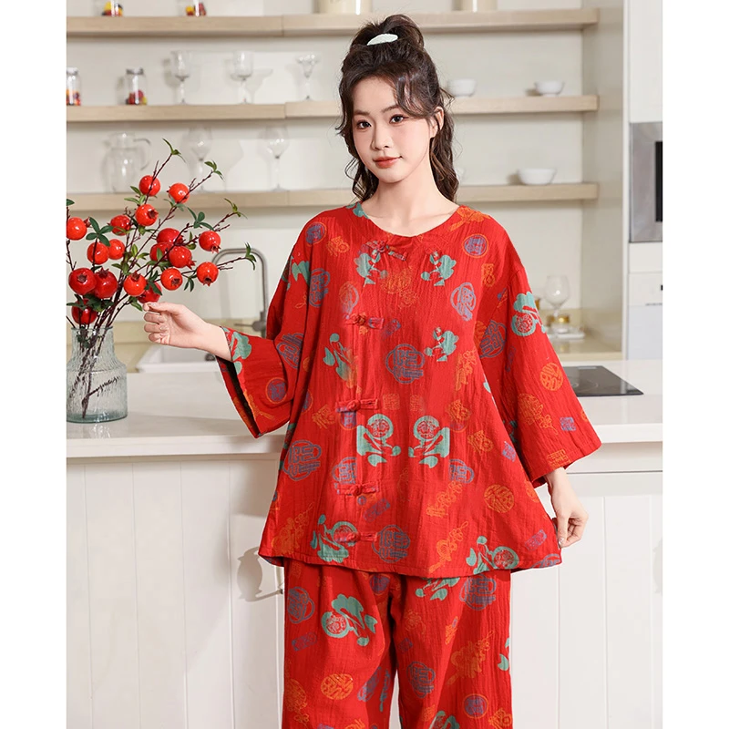 夏季爆款2025新款睡衣大码纯棉100%薄棉中国风系家居服短袖九分裤