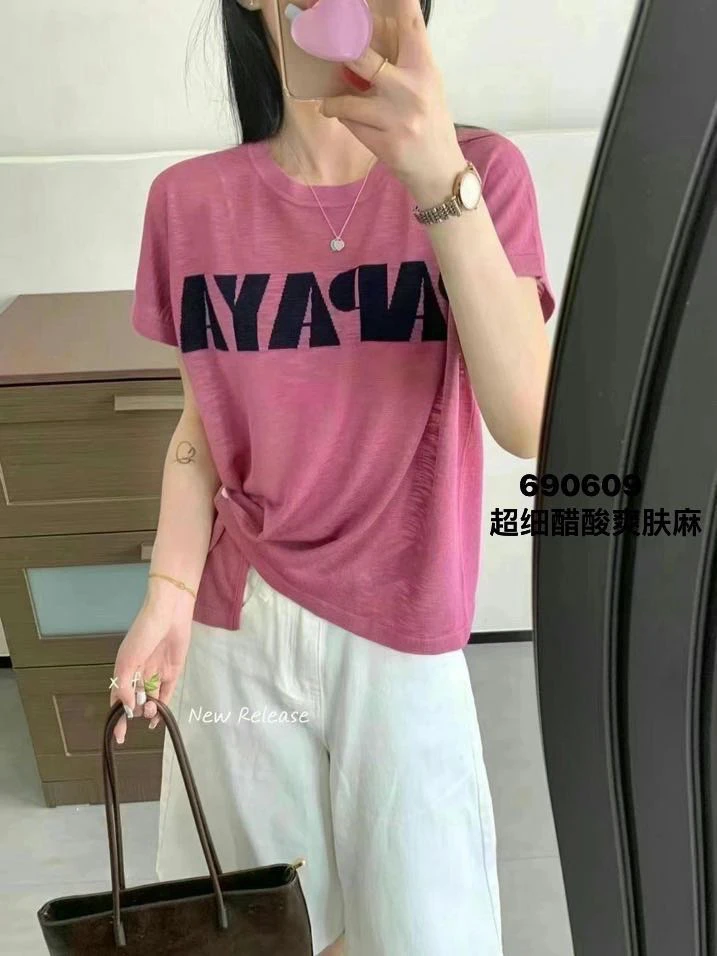 690609超细醋酸爽肤麻撞色条纹百搭T恤休闲夏季