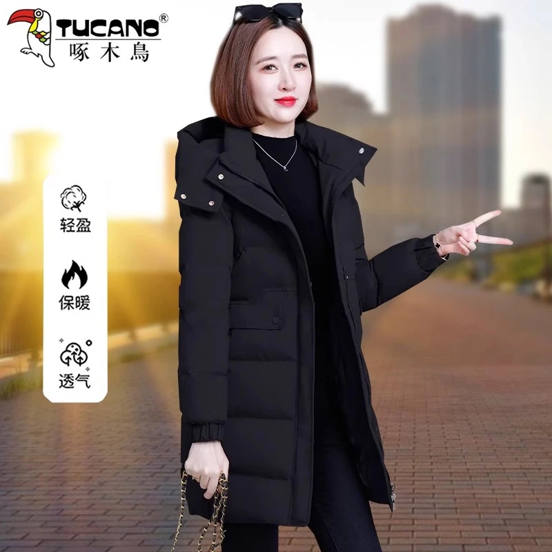 啄木鸟中长款棉衣女士冬季2025新款宽松加厚保暖妈妈休闲棉服外套
