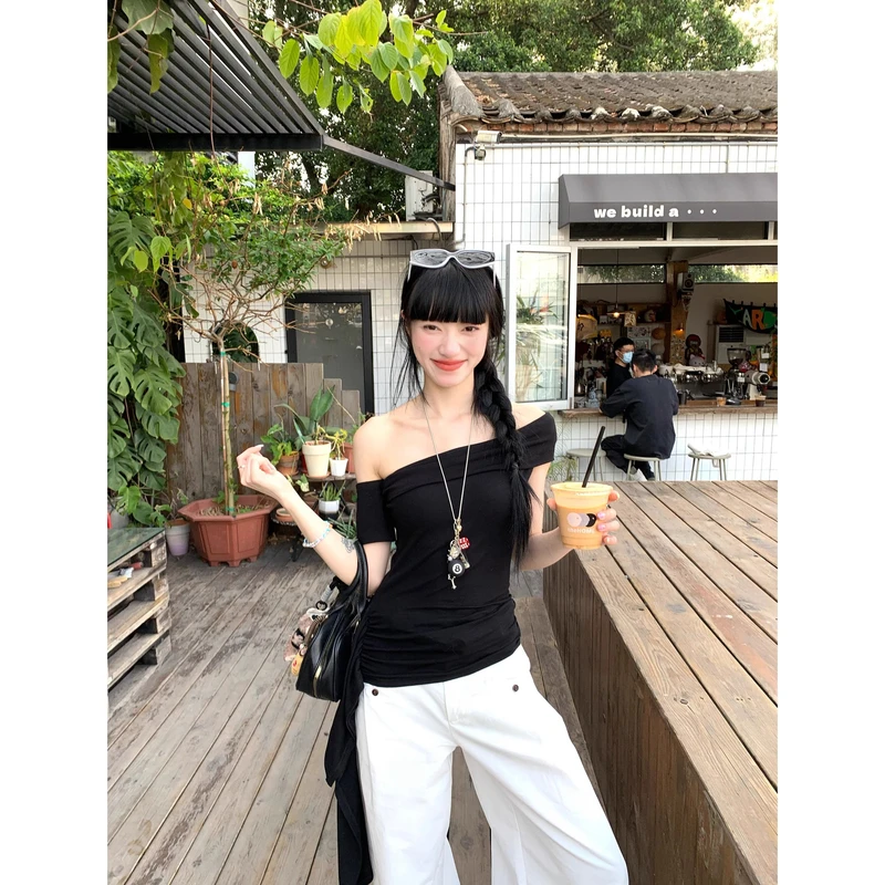 黑色纯欲辣妹飘带一字肩抹胸T恤女夏季性感气质chic收腰露肩上衣