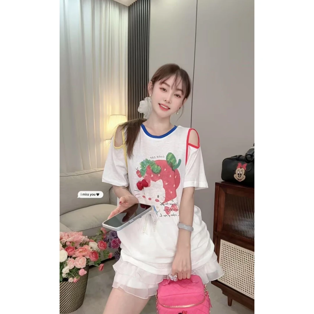 韩国INS时尚印花露肩T恤