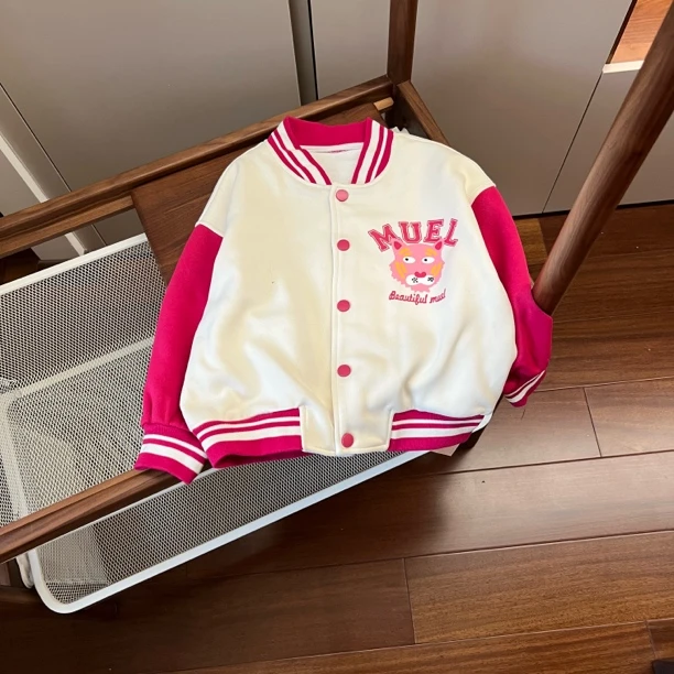 【编号H778】C679-20-儿童 卡通印花撞色棒球服外套玫红色-YJ
