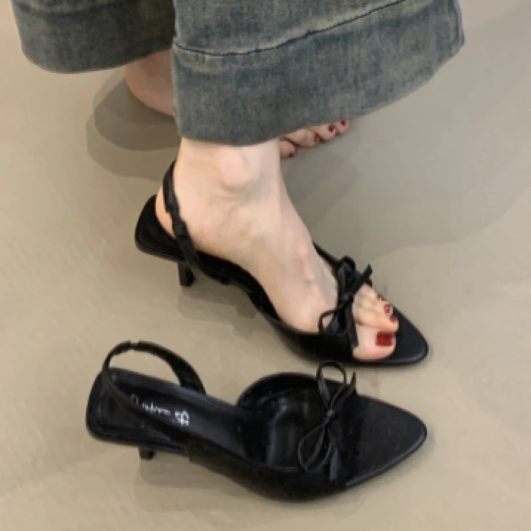 MDH-558-6法式高跟鞋2025年温柔仙女风蝴蝶结尖头细跟后空凉鞋