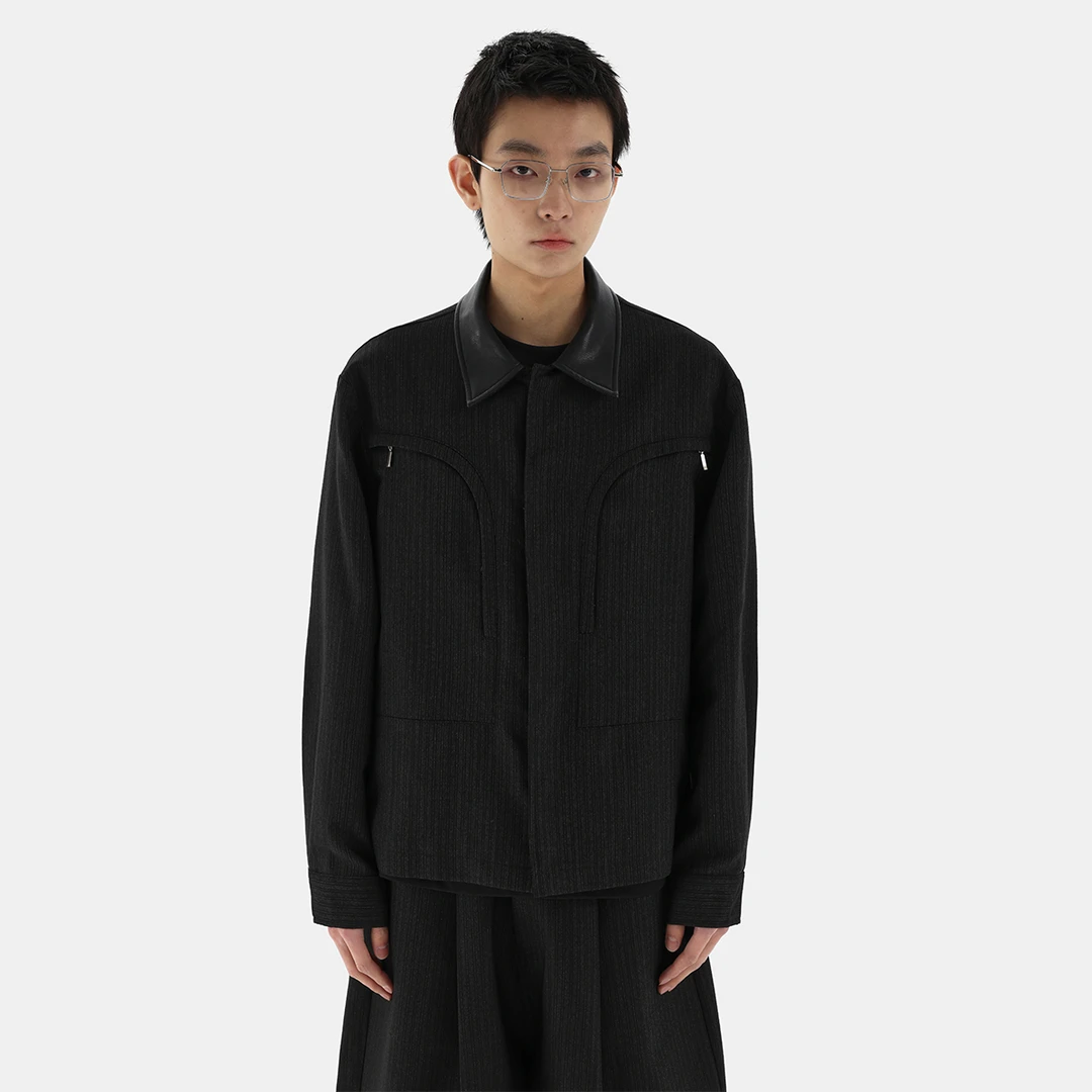 ESAT 暗纹羊皮皮领大口袋短款羊毛外套夹克