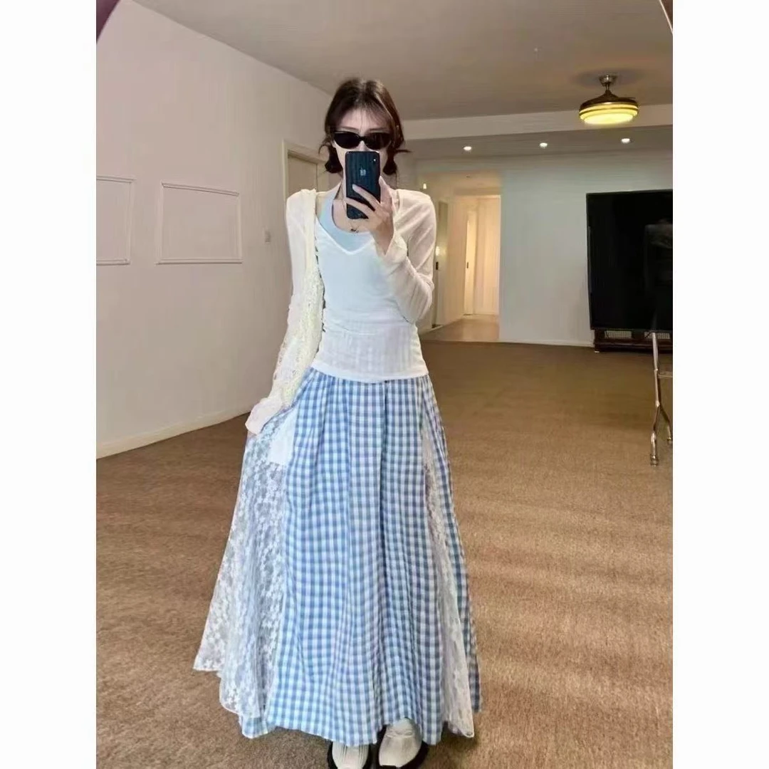 多巴胺套装穿搭蕾丝拼接蓝色格纹半身裙女夏挂脖背心防晒衫三件套