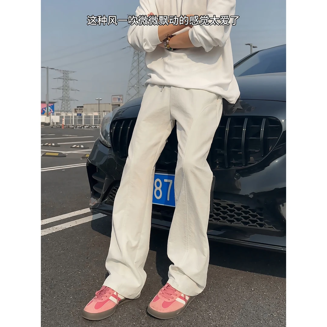 美式斜切休闲裤男夏季薄款潮牌冰丝裤显瘦直筒弯刀工装裤微喇长裤