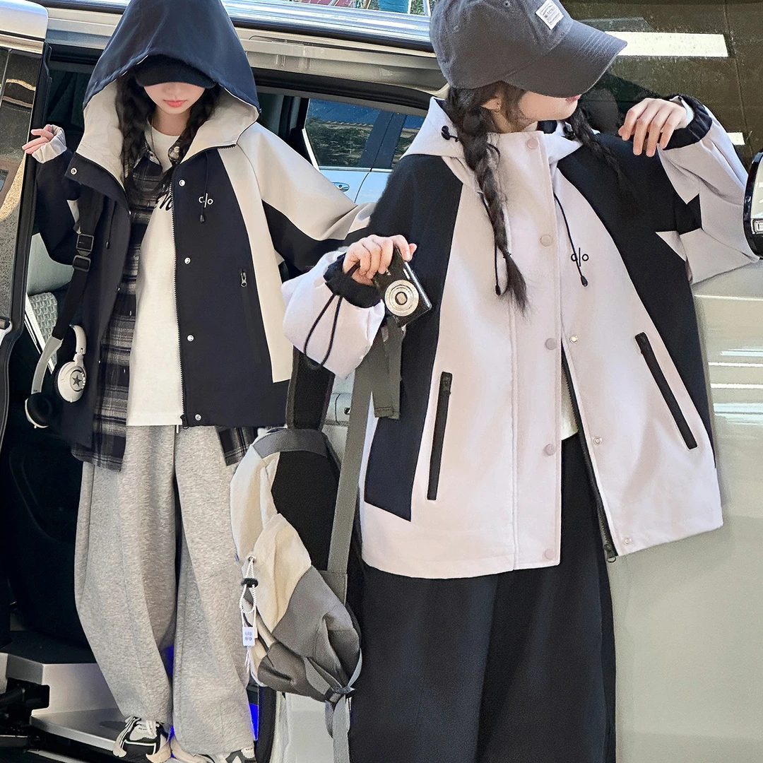女童外套2025秋季6-15岁潮酷中大儿童休闲时髦韩版拼接夹克冲锋衣