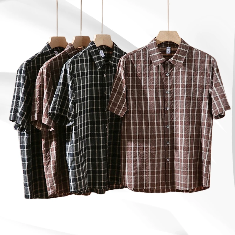 夏季新款格纹男生简约纯色棉质ins风休闲宽松男生情侣衬衫2406