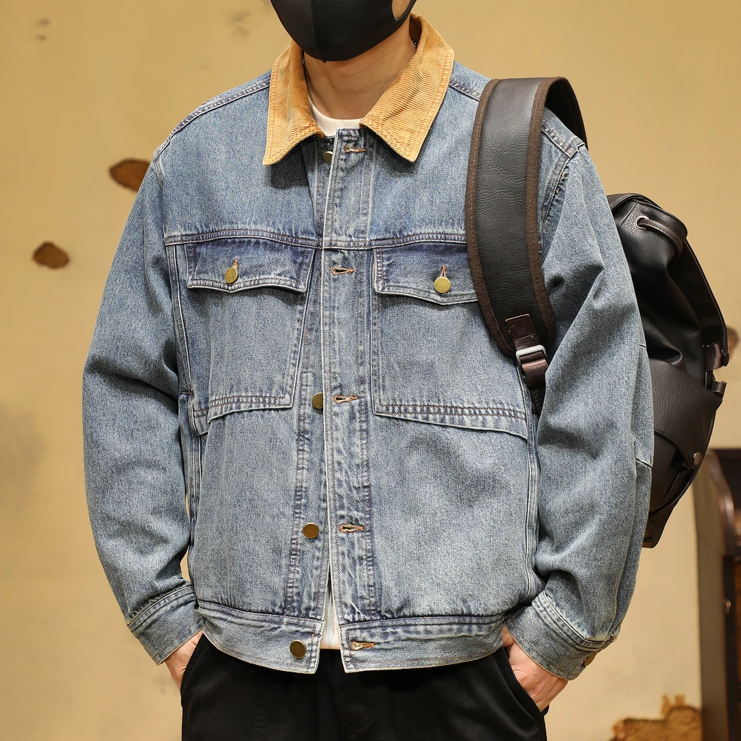 美式复古水洗撞色灯芯绒翻领牛仔外套男士秋季新款休闲工装夹克男