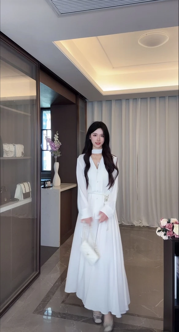 夏上新! 2025夏季新款韩系极简V领衬衫+松紧腰半身裙套装