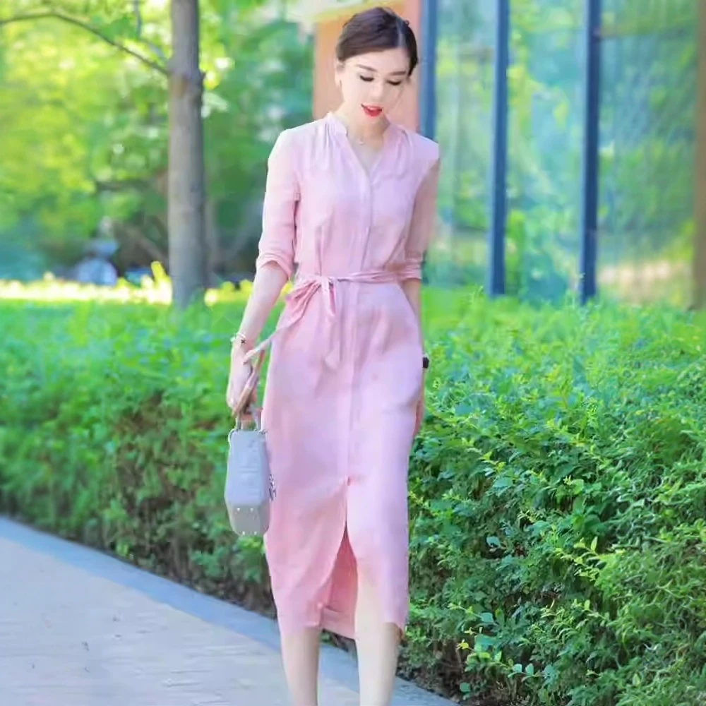 气质V领长袖连衣裙女2025夏季夏装新款收腰显瘦温柔风开叉裙子