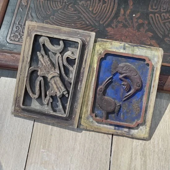 雨***霁香榧木老木雕老花板一对