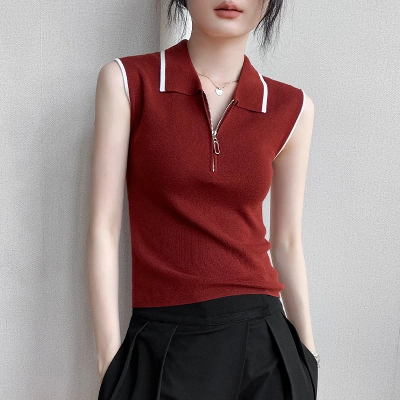 无袖polo衫女2025夏季新款修身显瘦别致背心拉链翻领针织上衣