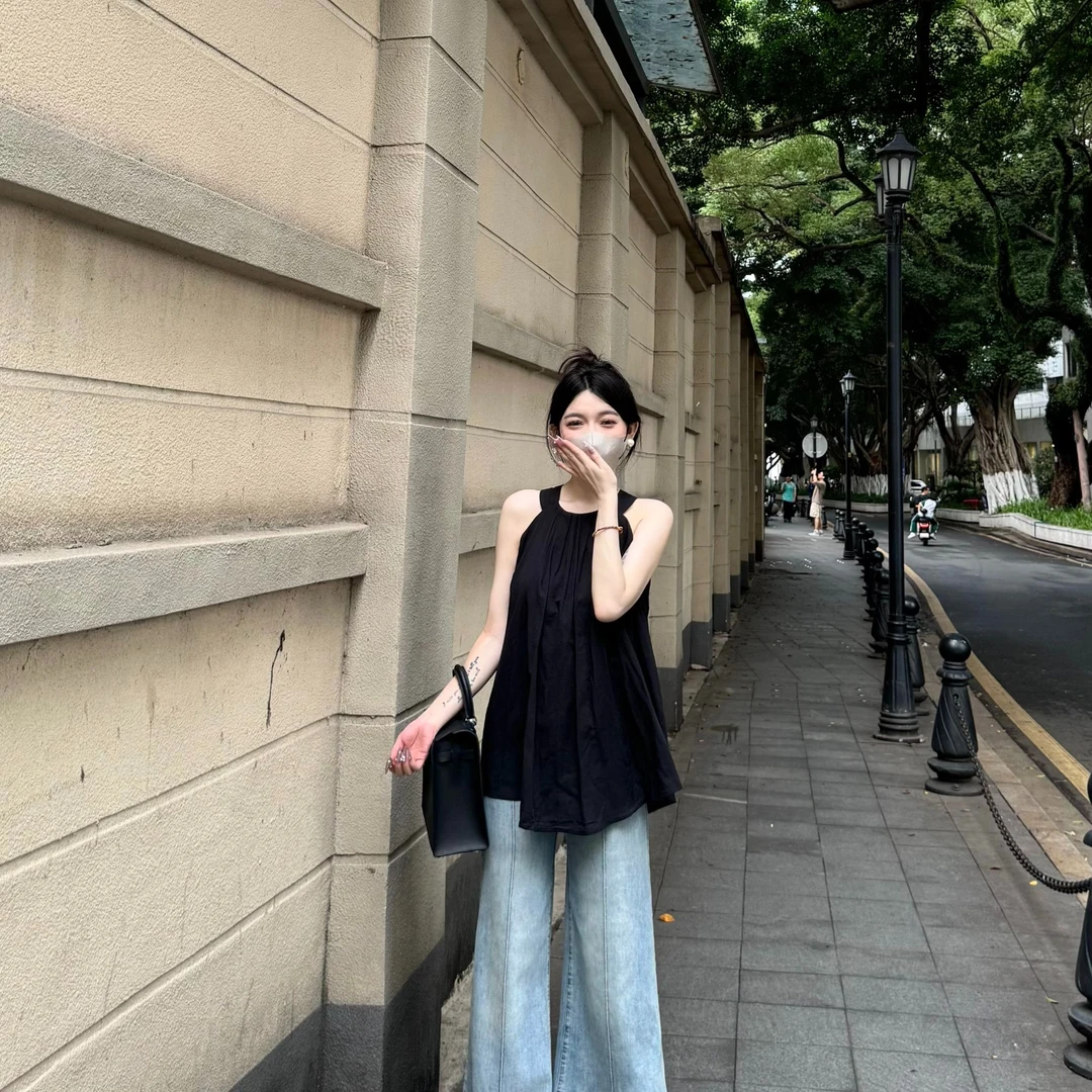 大静推荐【雾岛听风】新款无袖挂脖衬衫女夏季新款吊带压褶露肩上衣