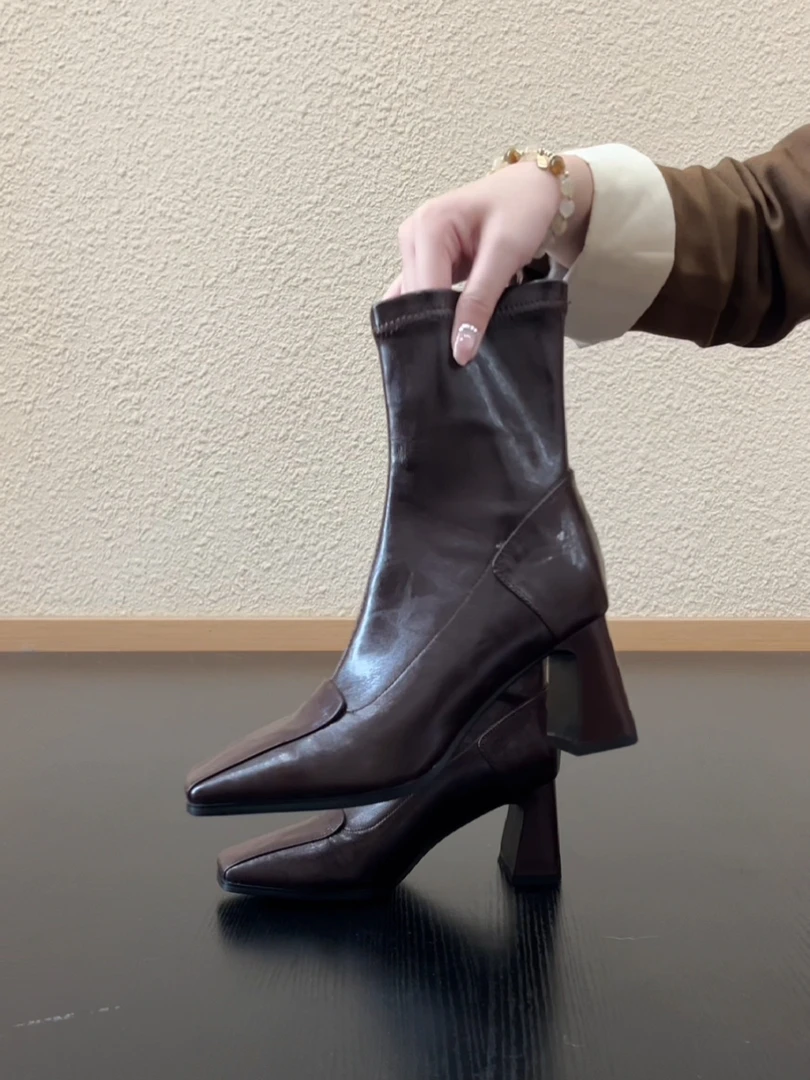 Pokoy-7cm小个子复古风方头粗跟后拉链短靴极简风通勤时装靴