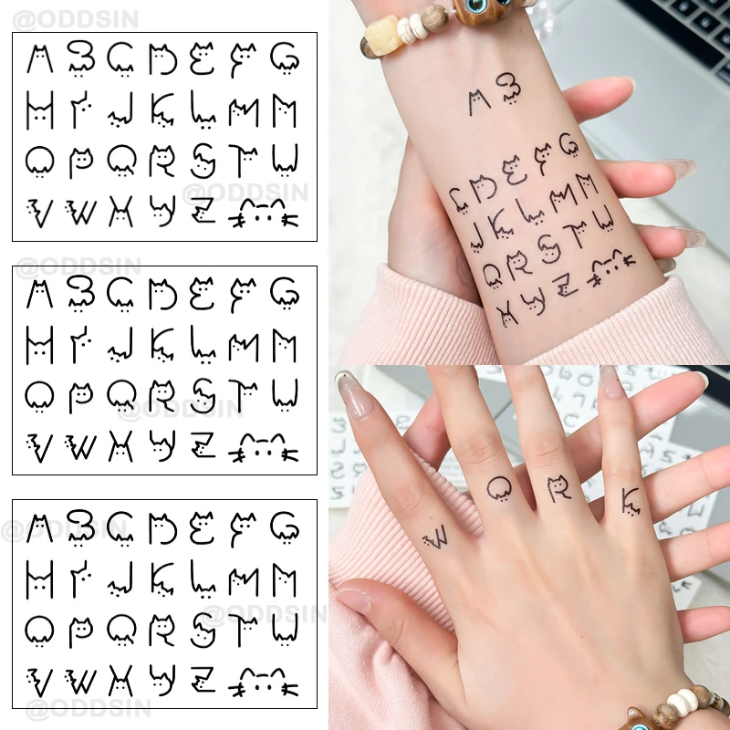 英文草本小猫字母贴纸情侣款男女ins风果汁手指持久仿真贴纸