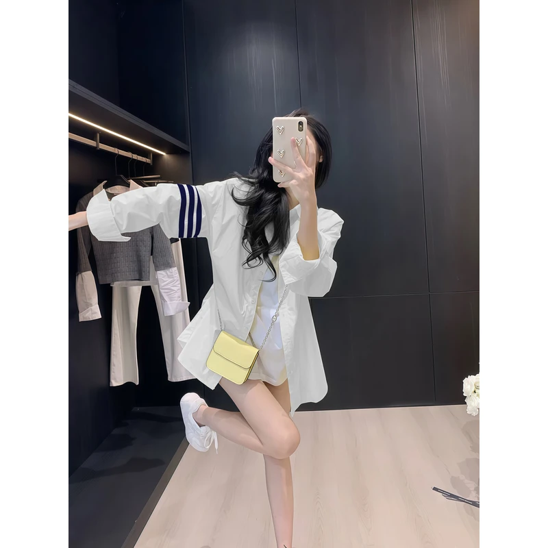 春夏新款简约白色衬衫女中长款宽松显瘦百搭通勤防嗮衬衣开衫外套
