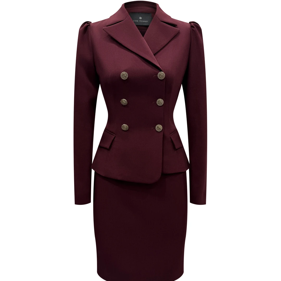 秋季新款酒红色学院风泡泡袖职业工作服套装