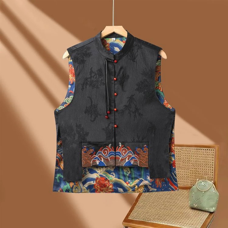 国风2025外套新款双面中式民族盘扣提花刺绣唐装复坎肩高档马甲女