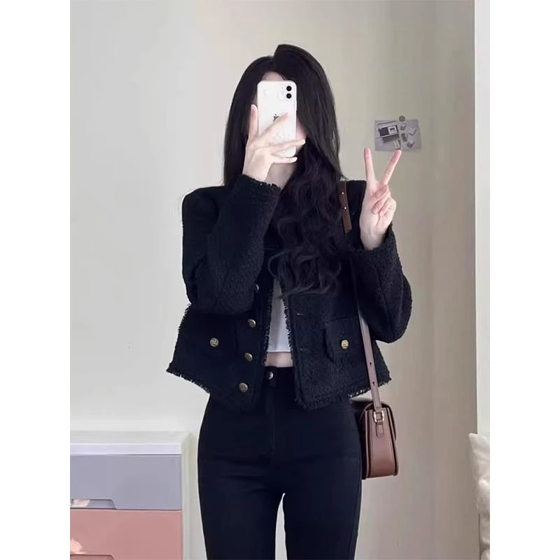 黑色小香风外套女秋冬2025新款轻奢感小个子名媛千金法式短款上衣