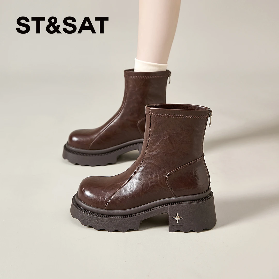 星期六美拉德复古短靴女士2025新款冬季漆面马丁靴百搭高跟瘦瘦靴