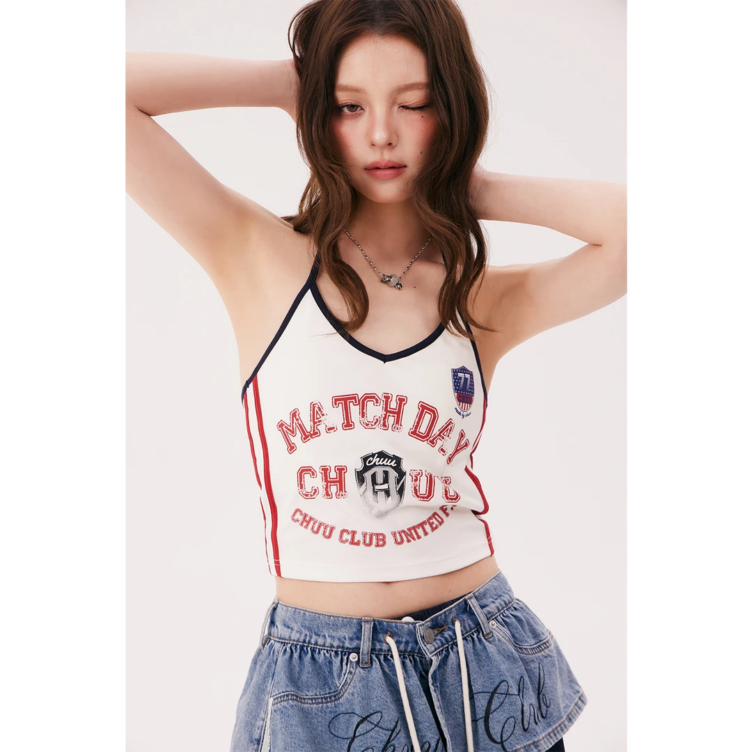 CHUU夏季女装字母印花设计学院风撞色修身性感挂脖百搭辣妹背心