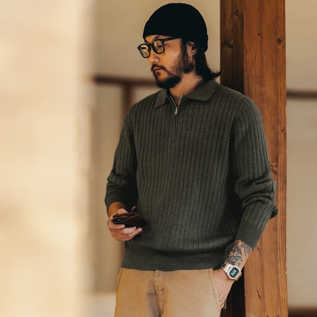 格蓝鹿高端复古翻领半拉链毛衣男秋冬休闲商务修身Polo内搭针织衫