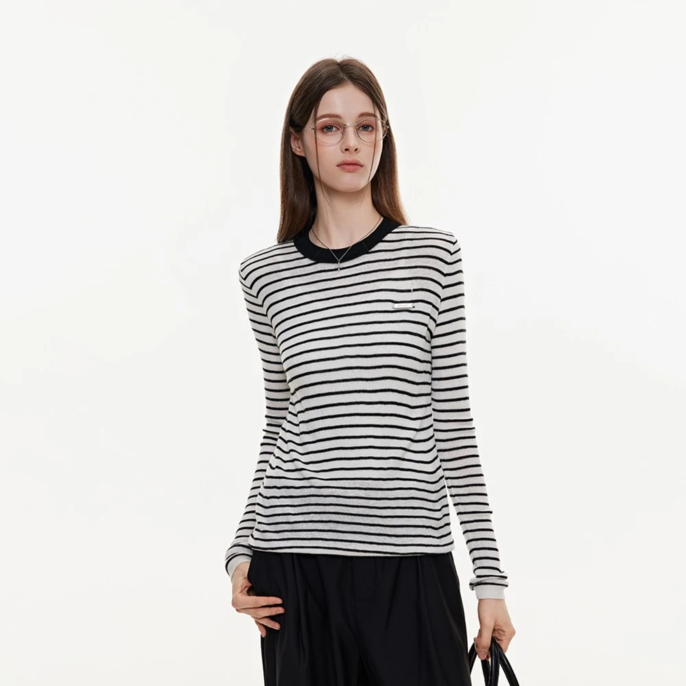 BZXO原创金属标条纹针织衫女春秋季新款修身显瘦小众设计打底毛衣