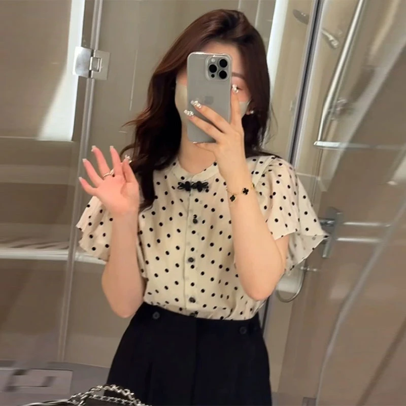 新中式国风波点短袖衬衫2025新款女夏季漂亮小衫时尚别致雪纺上衣