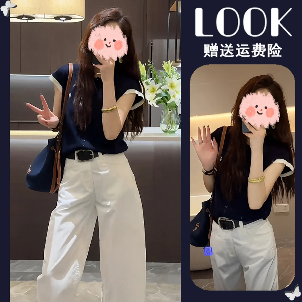 夏季新款高级感两件套时尚polo领短袖上衣阔腿休闲裤网红炸街套装