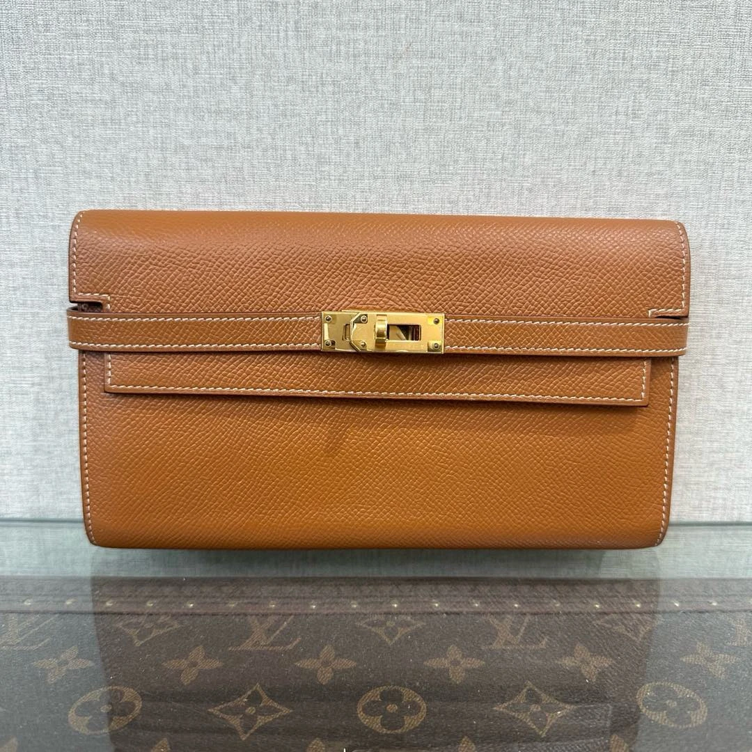 95新 Hermes/爱马仕 金棕金kelly长款手拿钱包 61925